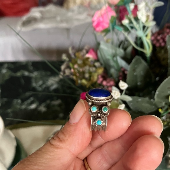 Genuine Lapis & Turquoise Sterling Silver Ring - Picture 5 of 8